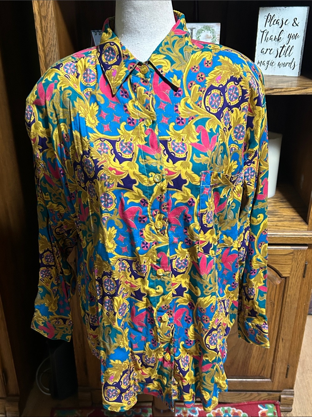 Vibrant Teal & Gold Patterned Button-Front Blouse